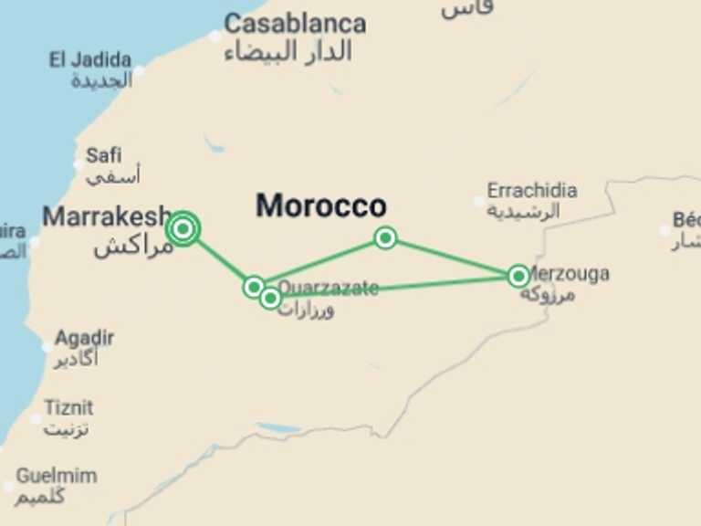 Map itinerary of Marrakech Tour in Summer with 5 destination visits for the trip: Morocco Adventure For Teenagers - 8 days