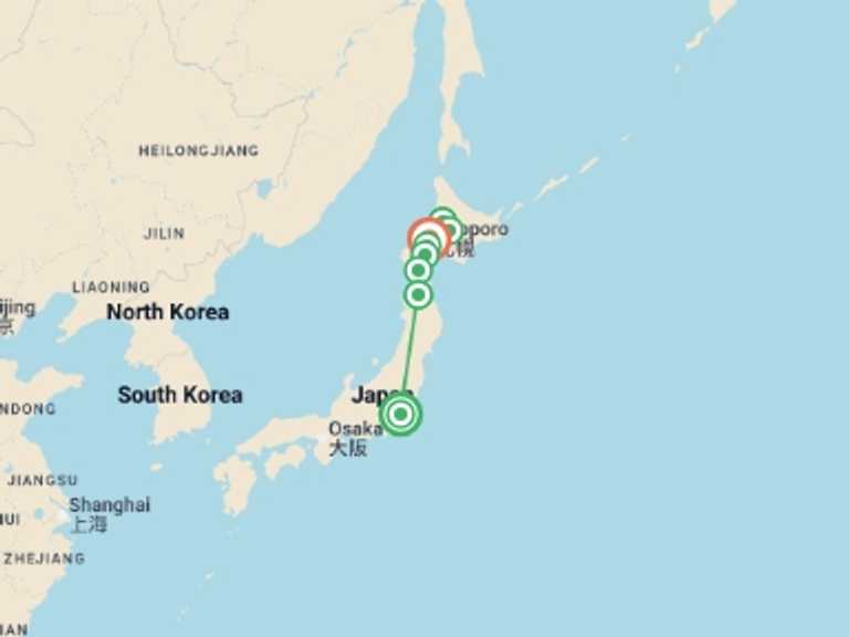 Map itinerary of East Asia Tour in March 2027 with 8 destination visits for the trip: Northern Japan & Hokkaido Adventure