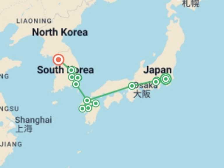 Map itinerary of Asia Tour in July 2026 with 10 destination visits for the trip: Volcanoes and Sacred Mountains of Japan and Korea