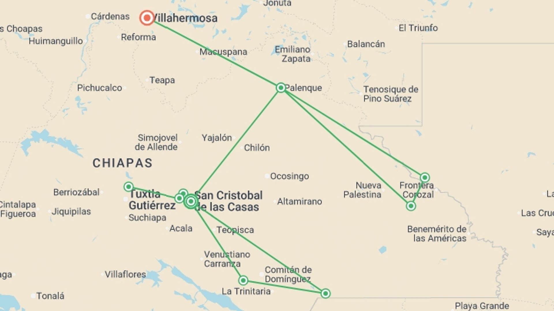 A map showing the tour itinerary for the trip: Chiapas Explorer, starting in San Cristobal De Las Casas, Mexico and ending in Villahermosa, Mexico going through 1 other destinations.