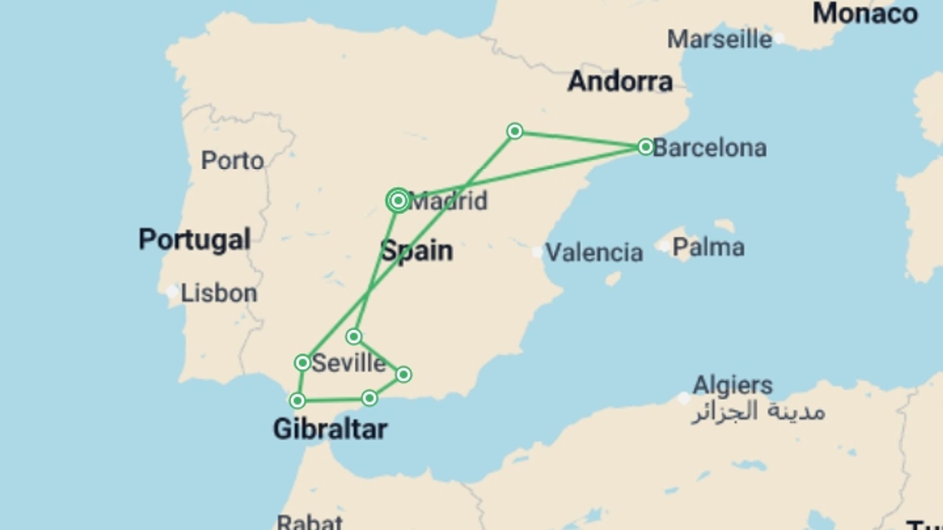 A map showing the tour itinerary for the trip: Ultimate Andalusia with Madrid and Barcelona  , starting in Madrid, Spain and ending in Madrid, Spain going through 7 other destinations.