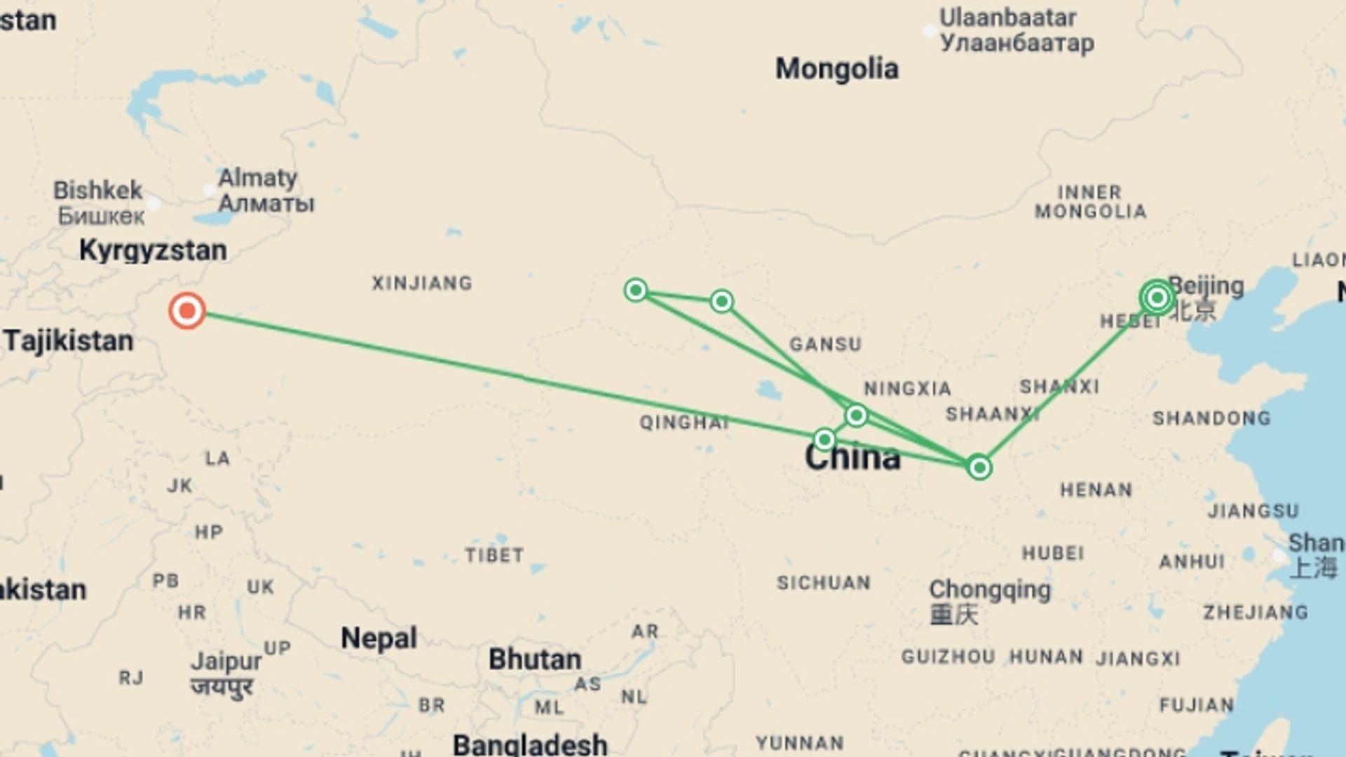 A map showing the tour itinerary for the trip: China Silk Road, starting in Beijing, China and ending in Kashgar, China going through 6 other destinations.