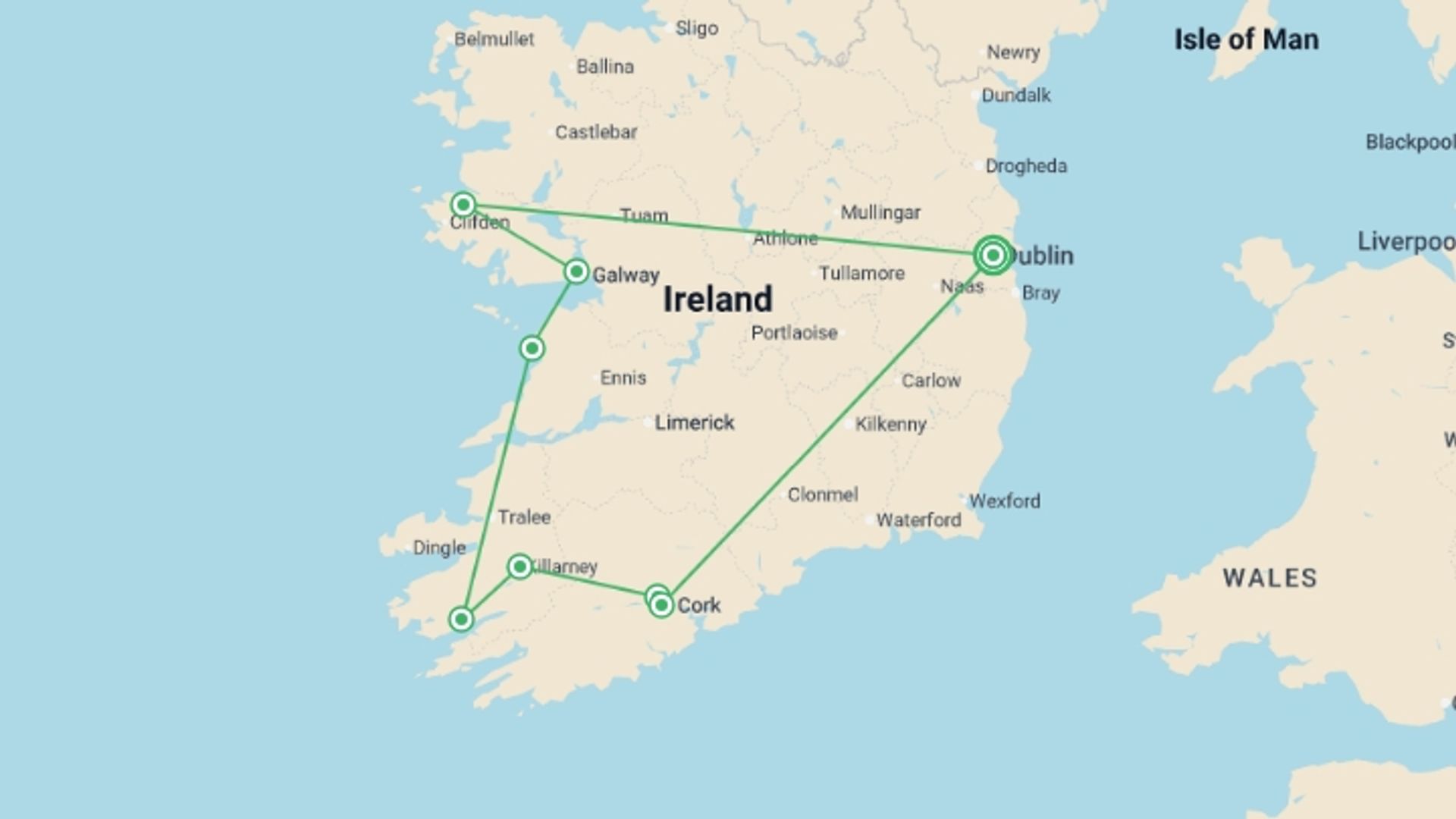 A map showing the tour itinerary for the trip: Ireland's Icons, starting in Dublin, Ireland and ending in Dublin, Ireland going through 6 other destinations.