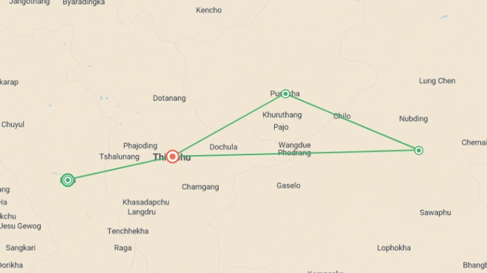 A map showing the tour itinerary for the trip: Bhutan Cultural Premium Tour: Shangrila's Delight, starting in Paro, Bhutan and ending in Thimphu, Bhutan going through 2 other destinations.