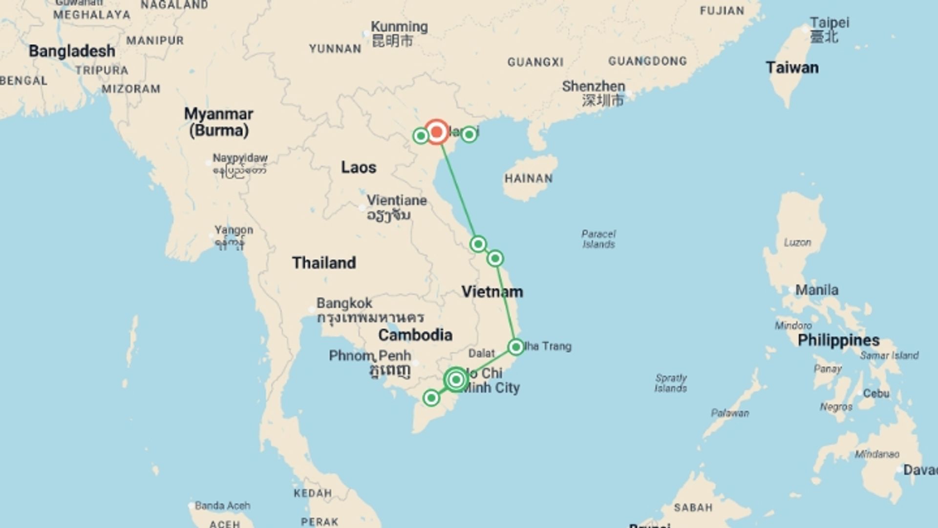 A map showing the tour itinerary for the trip: Vietnam Discovery, starting in Ho Chi Minh City, Vietnam and ending in Hanoi, Vietnam going through 6 other destinations.