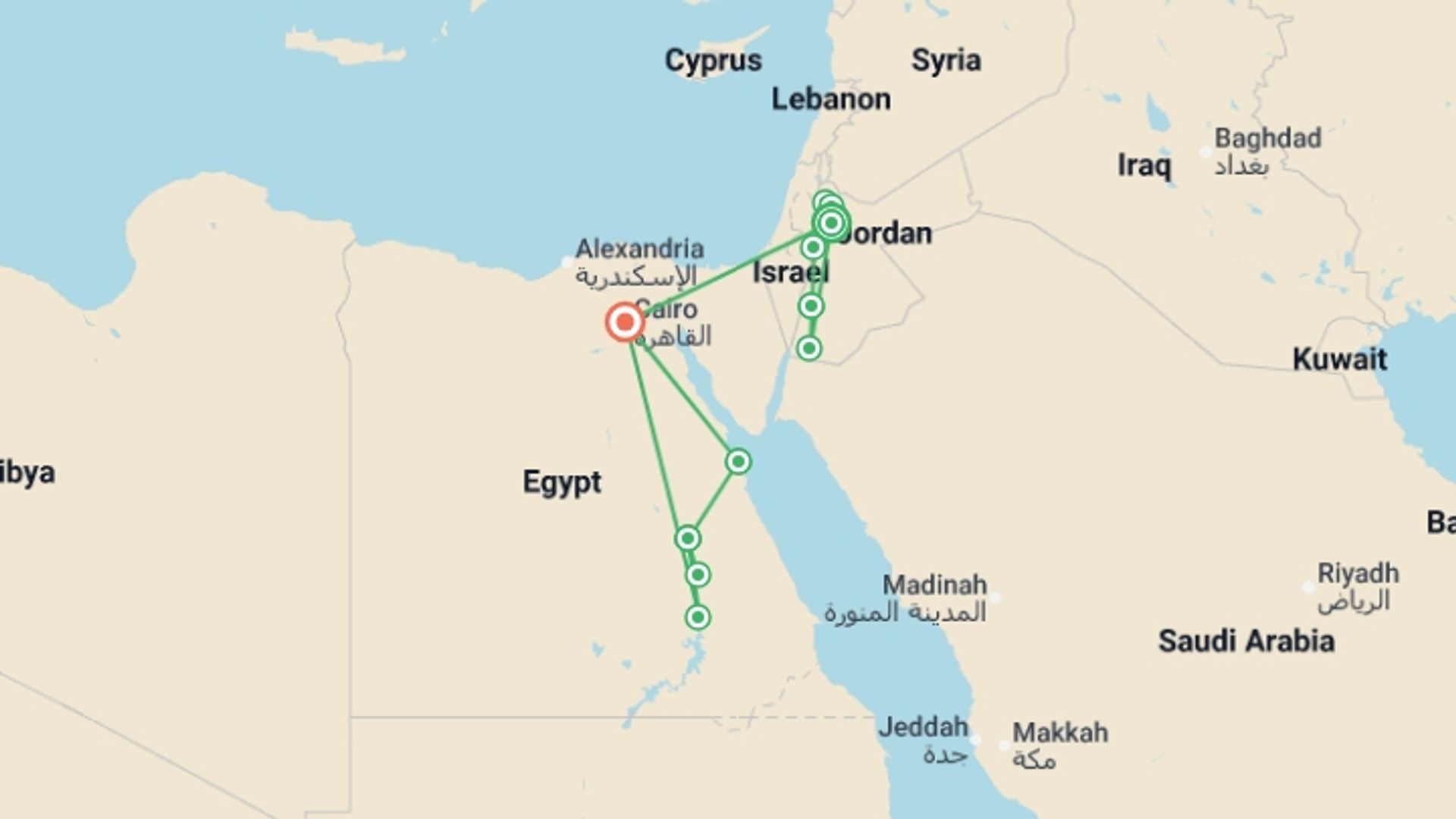 A map showing the tour itinerary for the trip: Ancient Encounters, starting in Amman, Jordan and ending in Cairo, Egypt going through 6 other destinations.