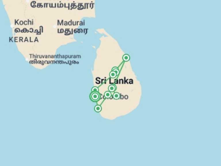 Map of a Honeymoon Tour with 7 destination visits for the trip: 11-day Romantic Sri Lanka Escape, Scenic Beauty & Culture, Private Tour