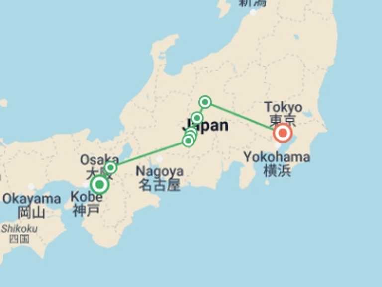 Map itinerary of Osaka Tour in October 2026 with 8 destination visits for the trip: Walk the Nakasendo Trail