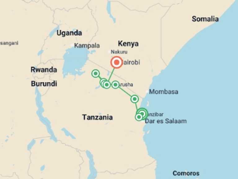 Map itinerary of Arusha Tour in October 2026 with 9 destination visits for the trip: Zanzibar to Nairobi