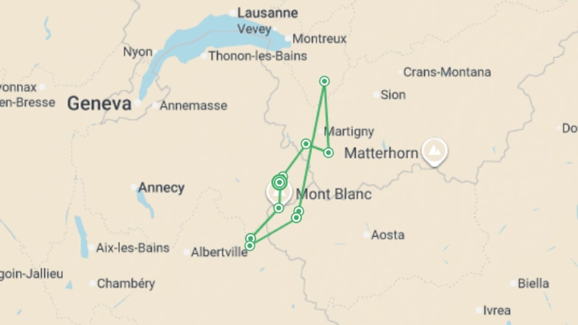 A map showing the tour itinerary for the trip: Tour du Mont Blanc Hotel Trek, starting in Chamonix, France and ending in Chamonix, France going through 9 other destinations.