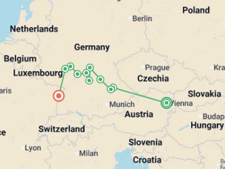 Map of Europe Tour with 9 destination visits for the trip: Cruise through the Heart of Europe from the Rhine to the Danube