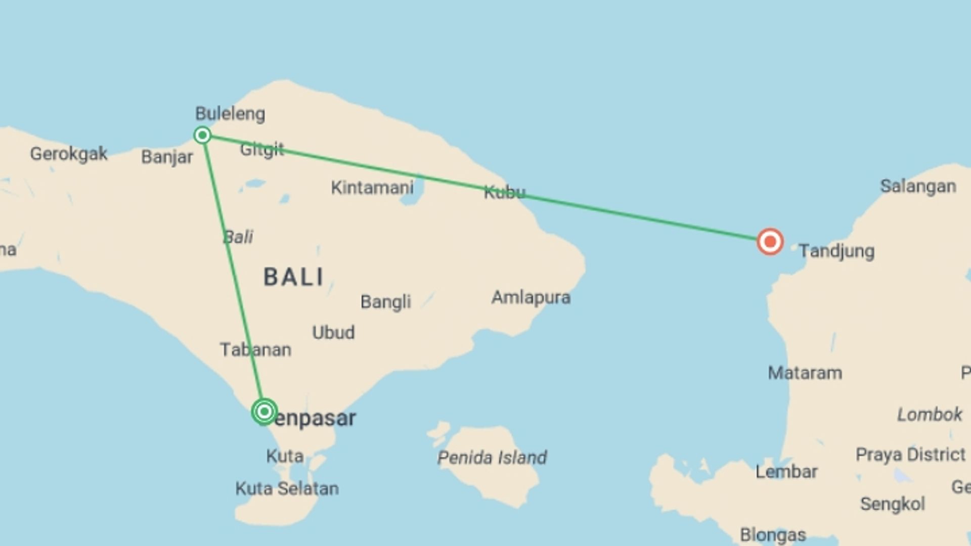 A map showing the tour itinerary for the trip: Canggu to Gili T  - 9 days, starting in Canggu, Indonesia and ending in Gili Trawangan, Indonesia going through 1 other destinations.