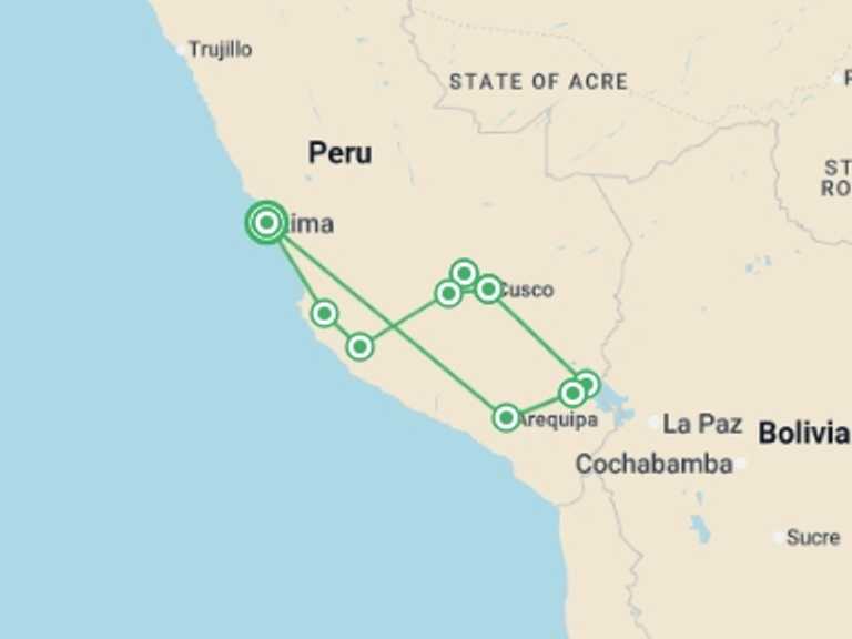 Map of Cusco Tour with 10 destination visits for the trip: Essential Peru