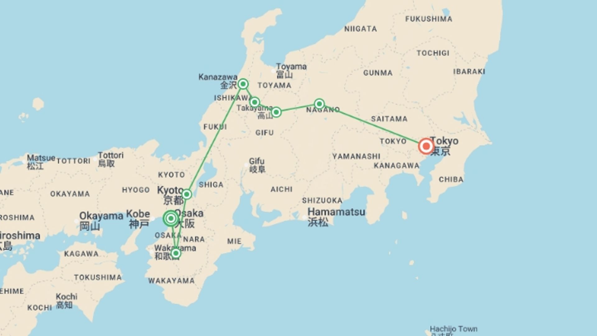 A map showing the tour itinerary for the trip: Eternal and Traditional Japan, starting in Osaka, Japan and ending in Tokyo, Japan going through 4 other destinations.