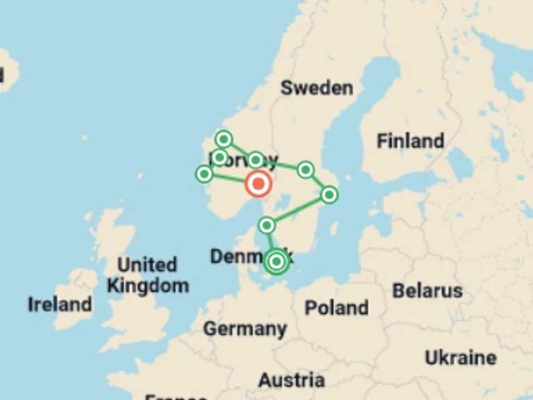 Map of Scandinavia Tour with 9 destination visits for the trip: Spectacular Scandinavia and its Fjords - Small Group