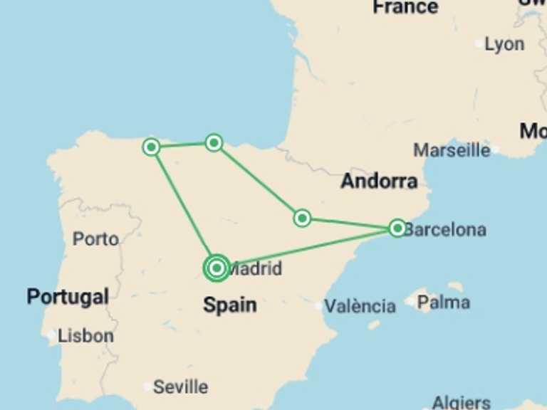 Map itinerary of Spain Tour in March 2027 with 5 destination visits for the trip: Spanish Bliss