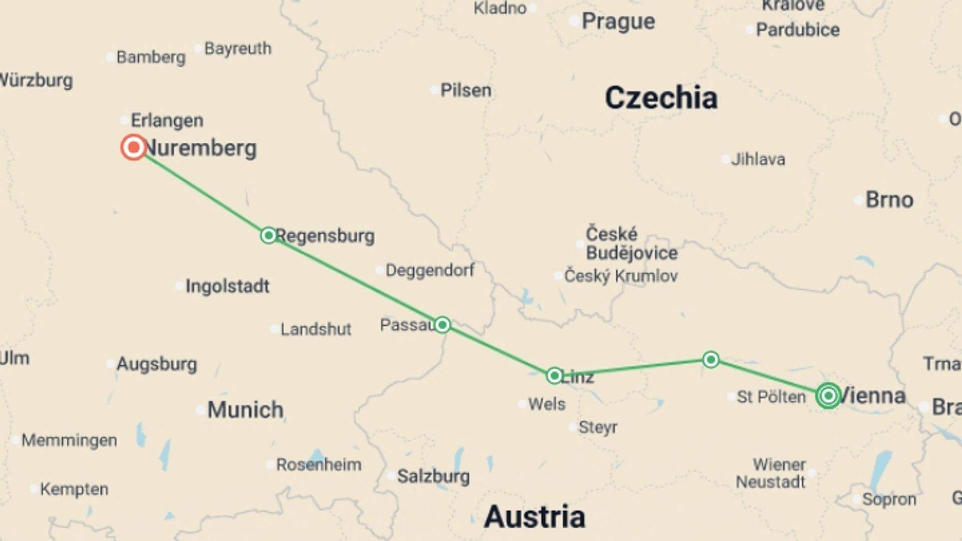 A map showing the tour itinerary for the trip: European Holiday Markets (2027), starting in Vienna, Austria and ending in Nuremberg, Germany going through 4 other destinations.