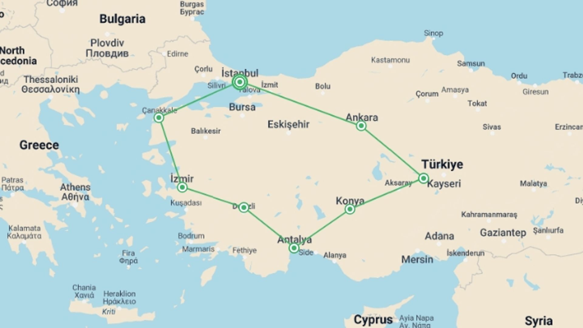 A map showing the tour itinerary for the trip: Splendours of Turkey Luxury Tour, starting in Istanbul, Turkey and ending in Istanbul, Turkey going through 7 other destinations.