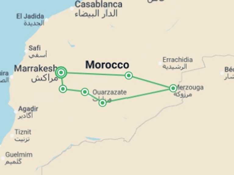 Map itinerary of Morocco Tour in August 2026 with 6 destination visits for the trip: Morocco: Hike & Bike