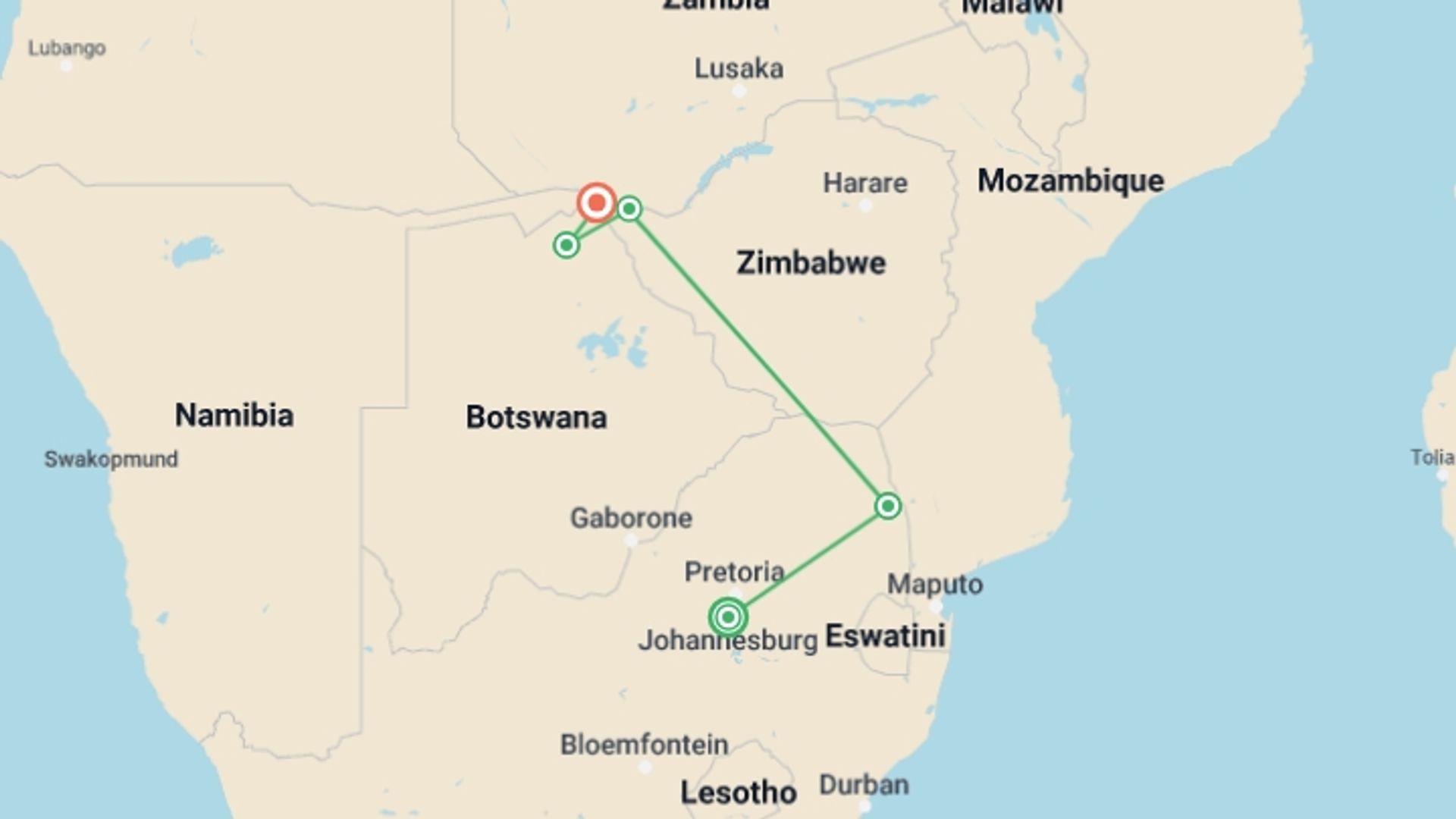 A map showing the tour itinerary for the trip: Premium Southern Africa, starting in Johannesburg, South Africa and ending in Kasane, Botswana going through 3 other destinations.