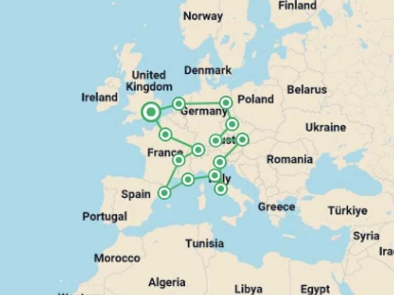 Map of Europe Tour with 15 destination visits for the trip: European Escapade