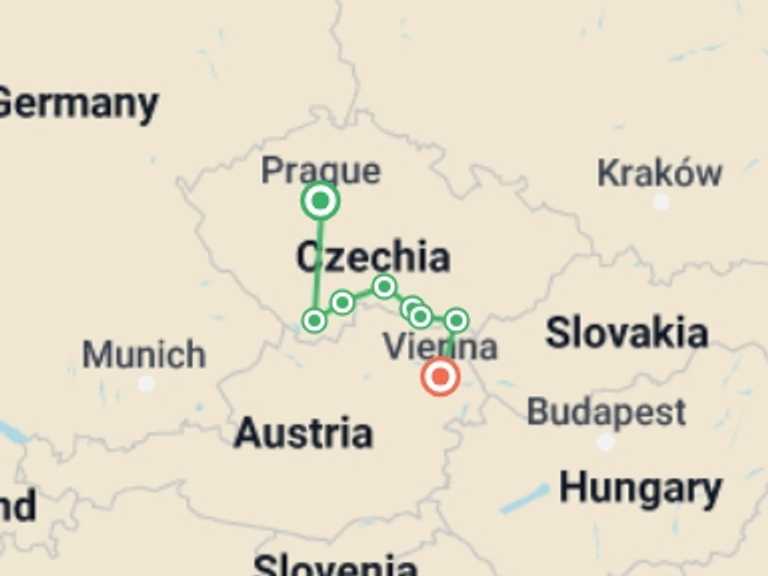 Map itinerary of Vienna Tour in June 2026 with 8 destination visits for the trip: Prague to Vienna Guided Cycle