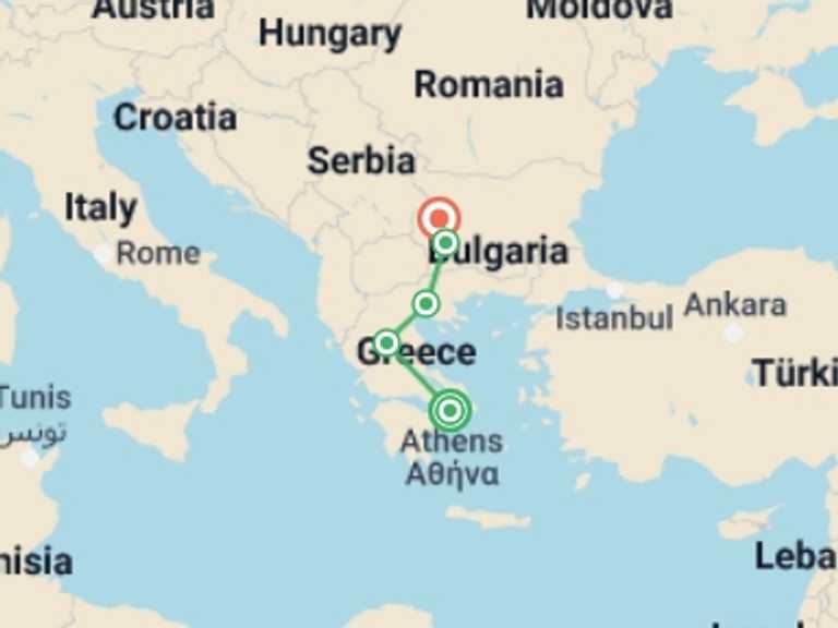 Map itinerary of Sofia Tour in Winter with 5 destination visits for the trip: From Athens to Sofia