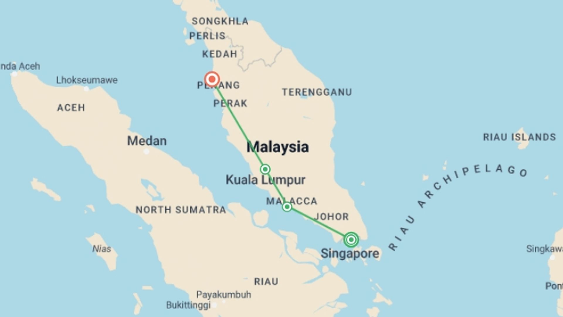 A map showing the tour itinerary for the trip: Best of Singapore & Malaysia, starting in Singapore, Singapore and ending in Penang, Malaysia going through 3 other destinations.