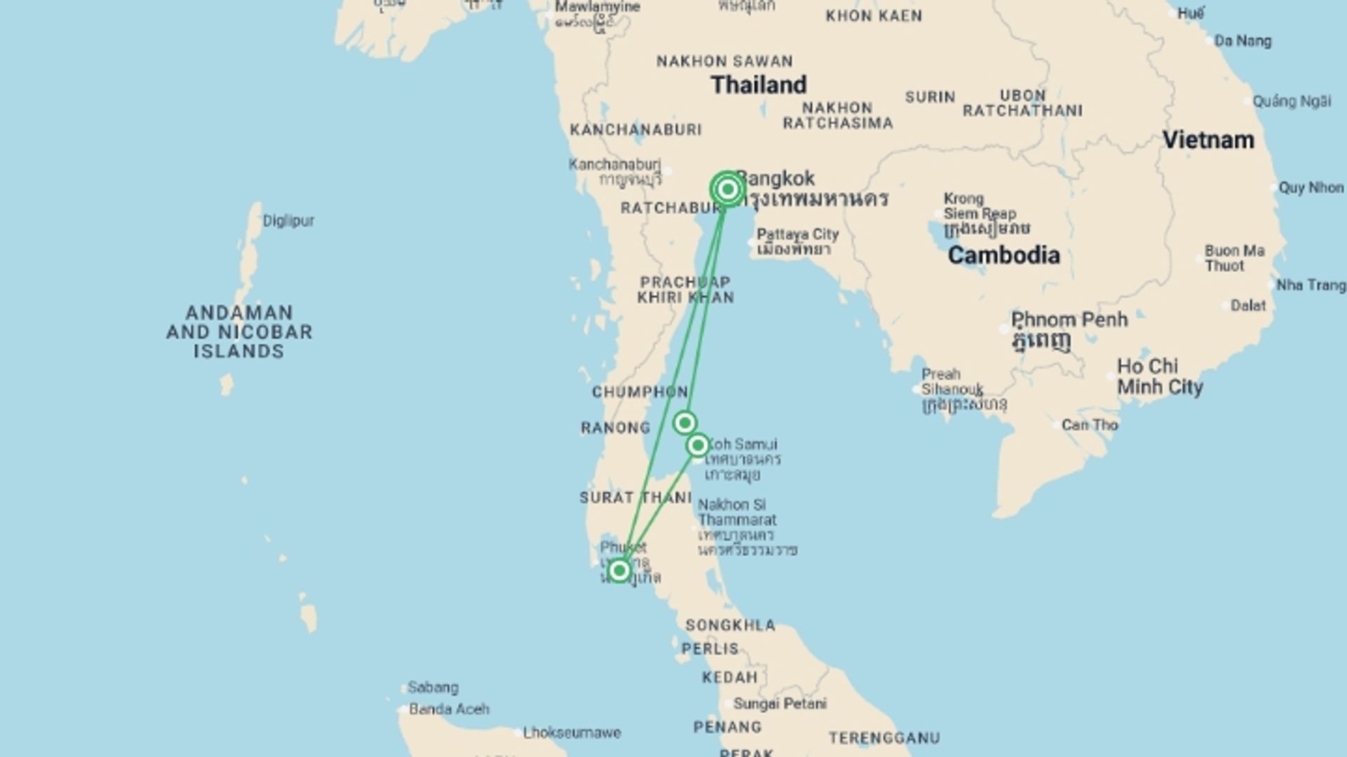 A map showing the tour itinerary for the trip: Thai Island Hopping Adventure 14D/13N, starting in Bangkok, Thailand and ending in Bangkok, Thailand going through 3 other destinations.
