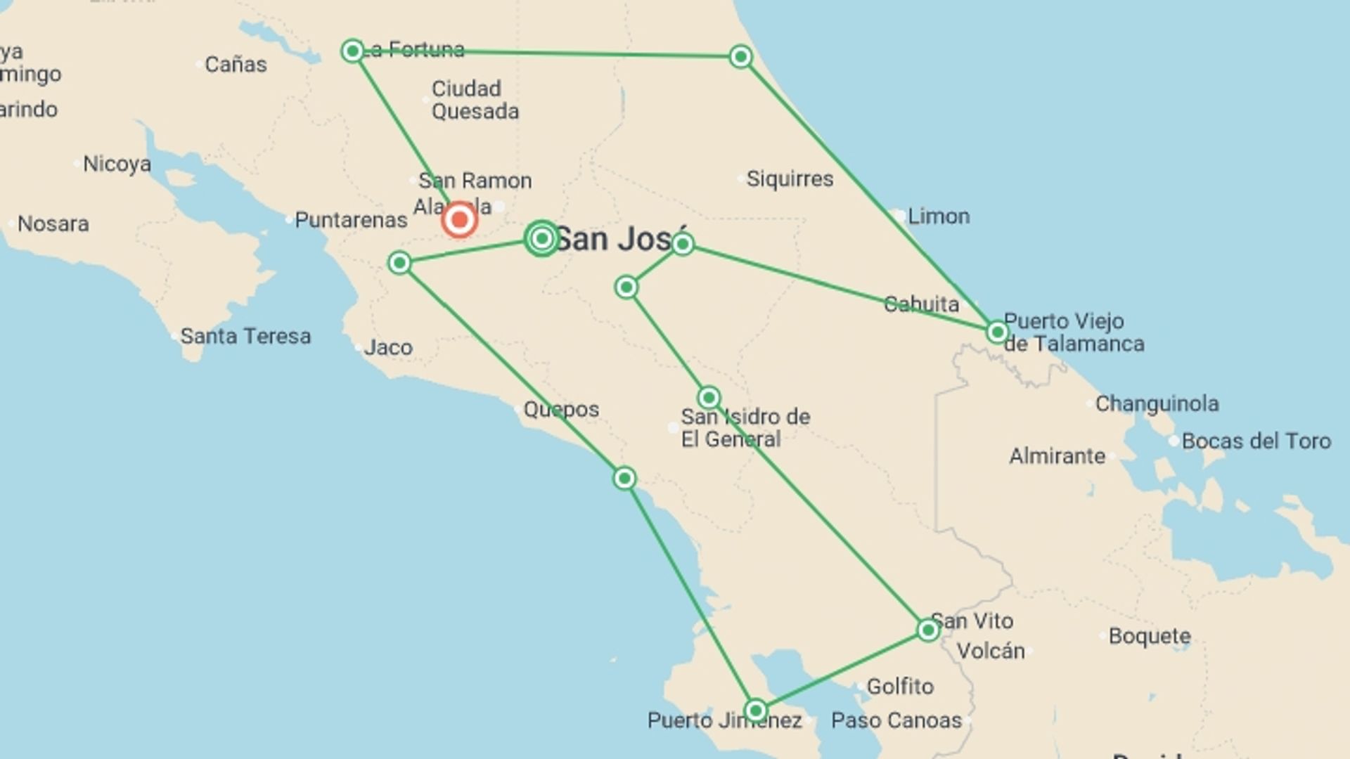 A map showing the tour itinerary for the trip: Costa Rica Coast to Coast Ride, starting in San Jose, Costa Rica and ending in La Garita De Alajuela, Costa Rica going through 11 other destinations.