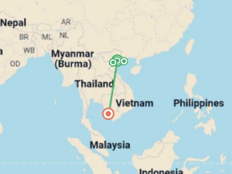 Map of Indochina Explorer Tour with 4 destination visits for the trip: Exquisite Vietnam Luxury Tour - 13 days