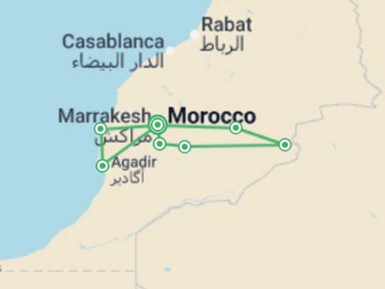 Map itinerary of Mediterranean Tour in September 2026 with 7 destination visits for the trip: Real Morocco