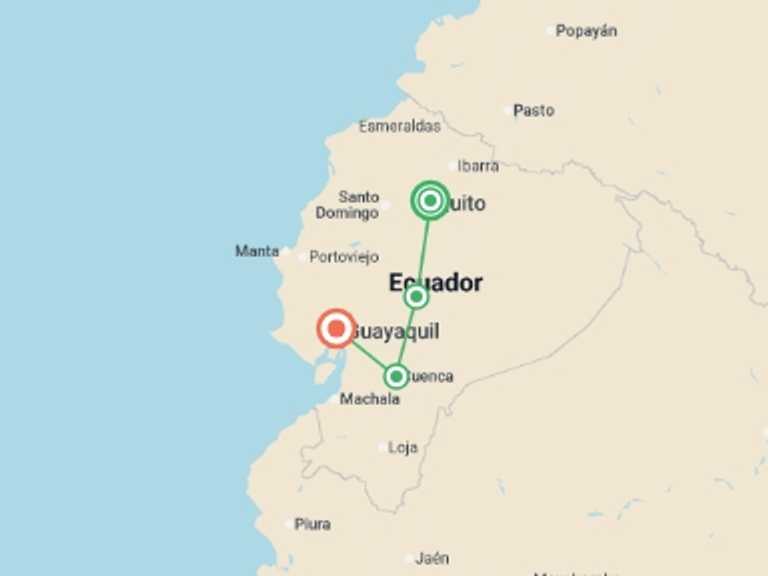 Map itinerary of South America Tour in March 2027 with 4 destination visits for the trip: 5-day Quito & Volcanoes Avenue: Quilotoa, Ingapirca, Cuenca, Guayaquil