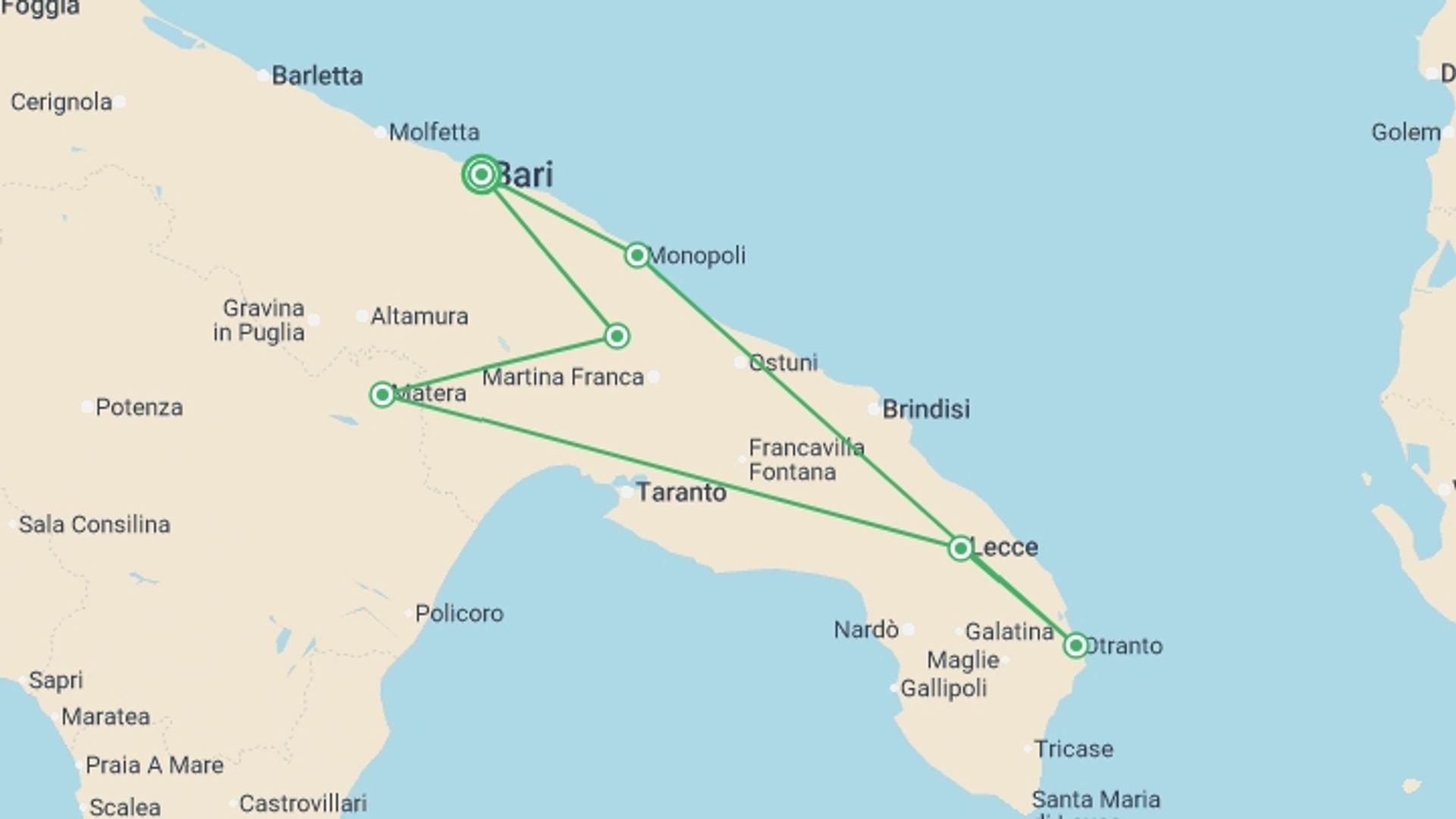 A map showing the tour itinerary for the trip: Perfect Puglia - 8 days, starting in Bari, Italy and ending in Bari, Italy going through 5 other destinations.