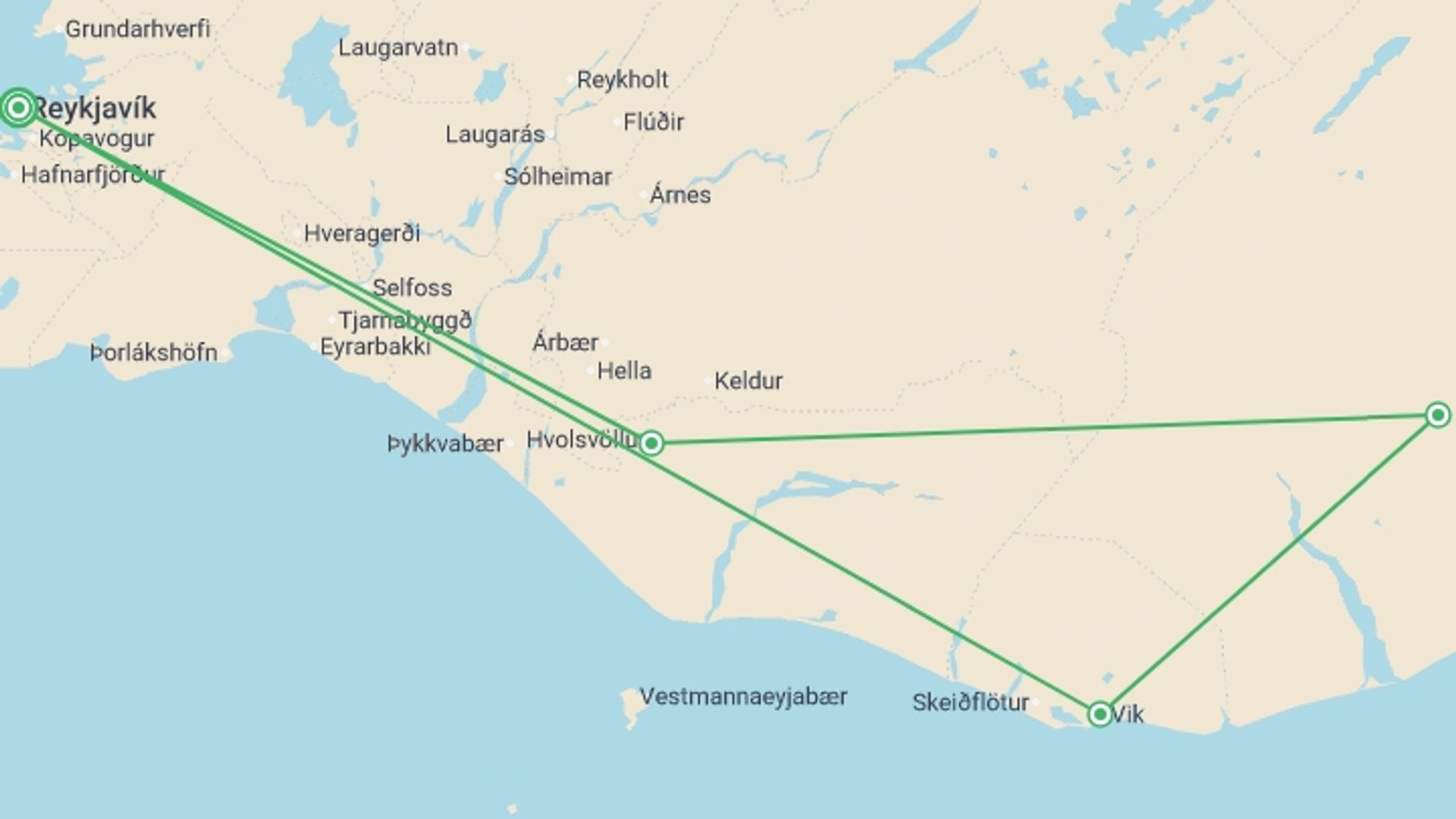 A map showing the tour itinerary for the trip: Iceland Fire and Ice, starting in Reykjavik, Iceland and ending in Reykjavik, Iceland going through 3 other destinations.