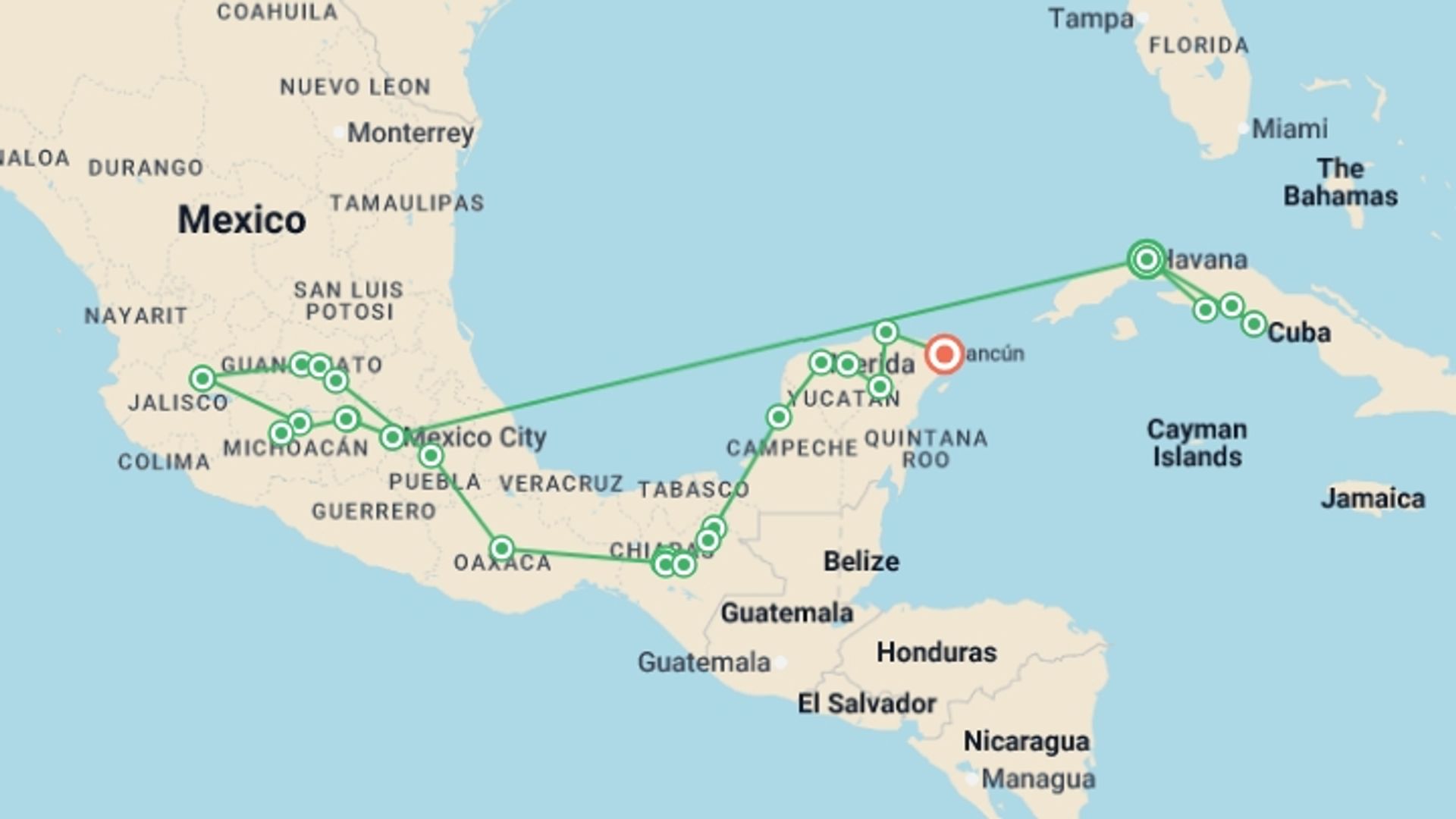 A map showing the tour itinerary for the trip: Complete Cuba and Mexico, starting in Havana, Cuba and ending in Cancún, Mexico going through 12 other destinations.