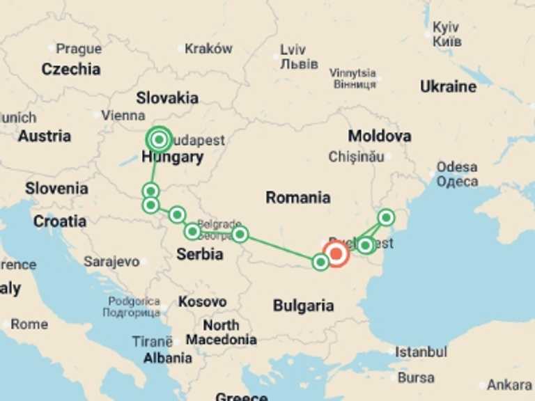 Map of Europe Tour with 9 destination visits for the trip: Along the river Danube, Budapestand  the Balkan peninsula (port-to-port cruise)