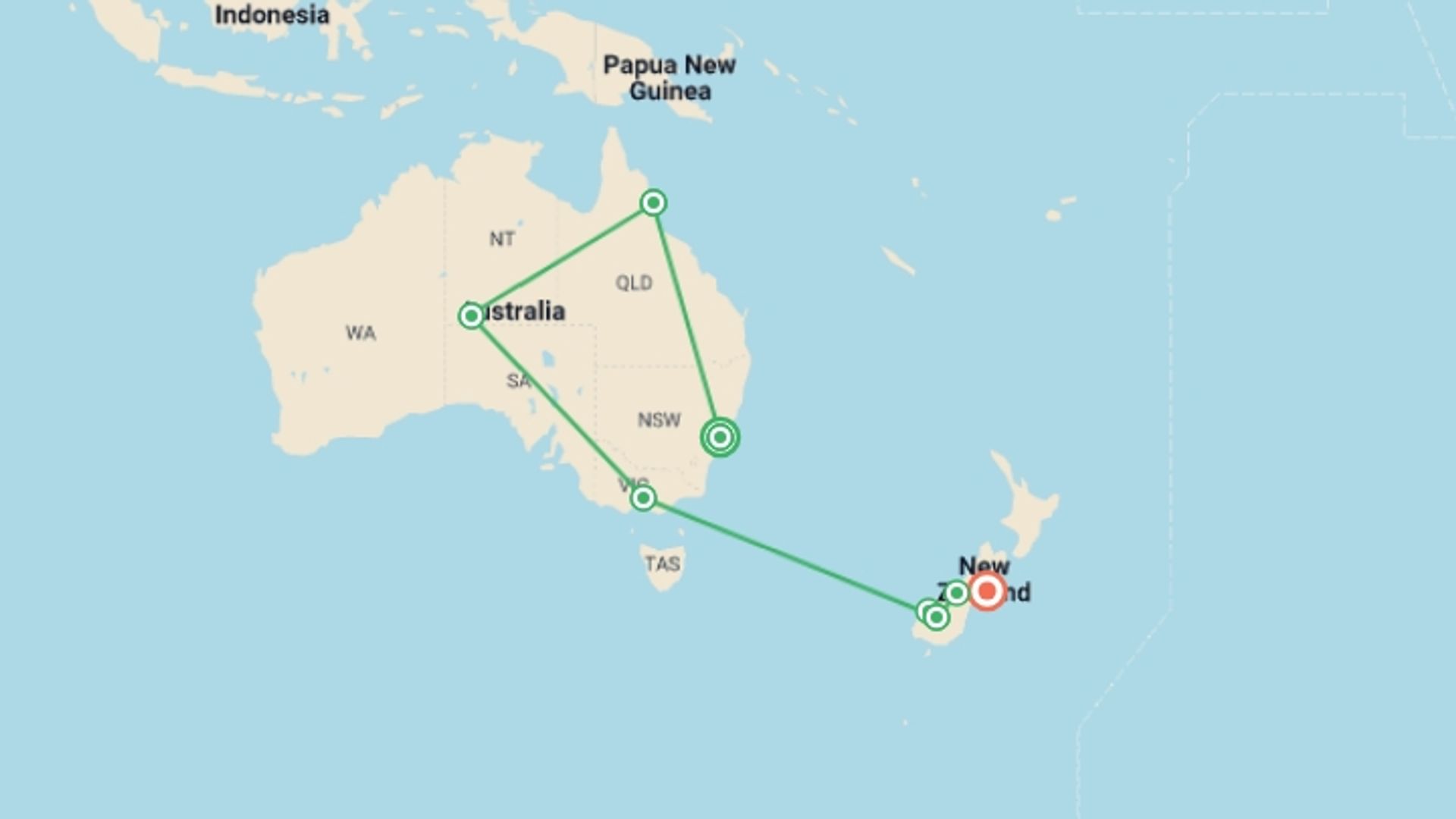 A map showing the tour itinerary for the trip: Australia's Outback to New Zealand's South Island , starting in Sydney, Australia and ending in Christchurch, New Zealand going through 5 other destinations.