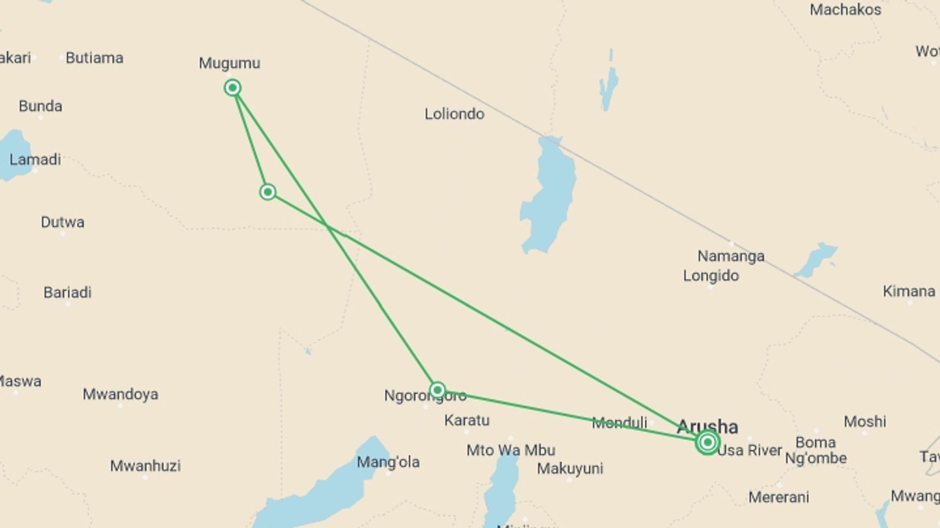 A map showing the tour itinerary for the trip: 5-Day Safari: Serengeti and Ngorongoro Crater, starting in Arusha, Tanzania and ending in Arusha, Tanzania going through 3 other destinations.