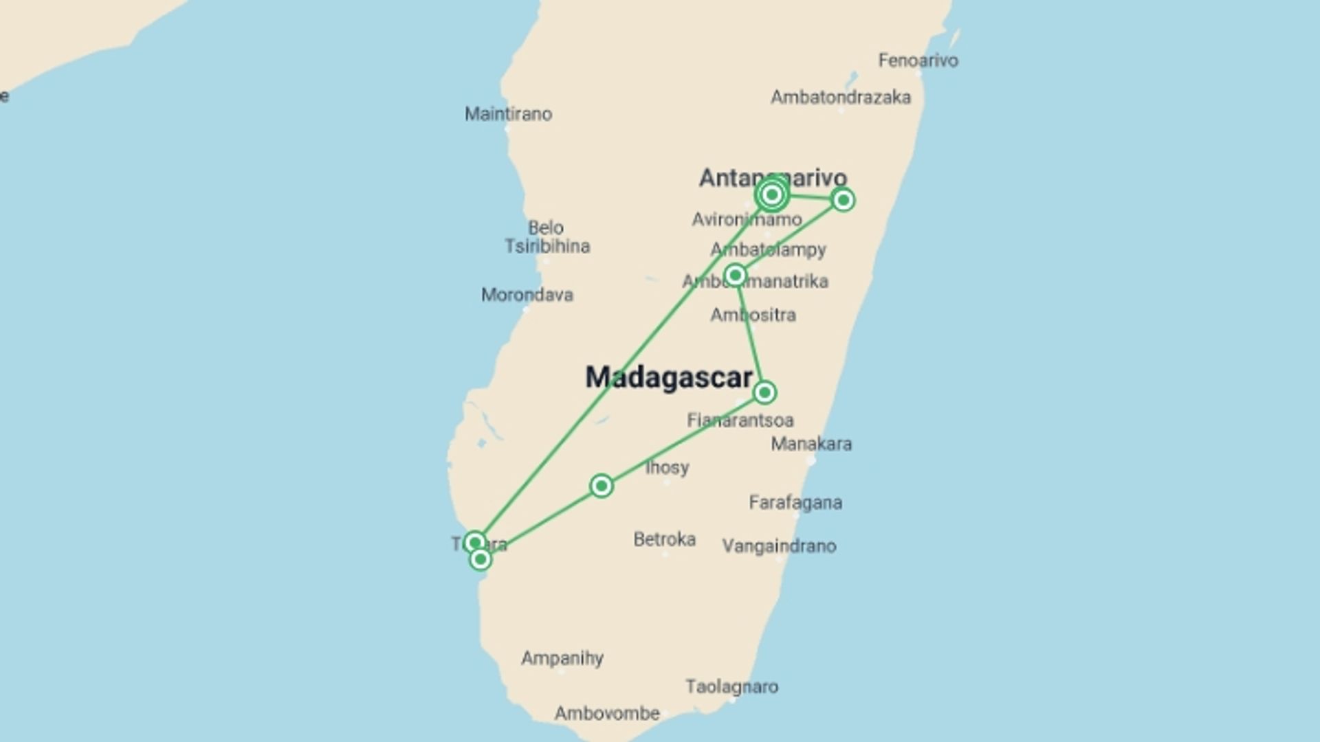 A map showing the tour itinerary for the trip: Madagascar: The Lost Continent, starting in Antananarivo, Madagascar and ending in Antananarivo, Madagascar going through 8 other destinations.