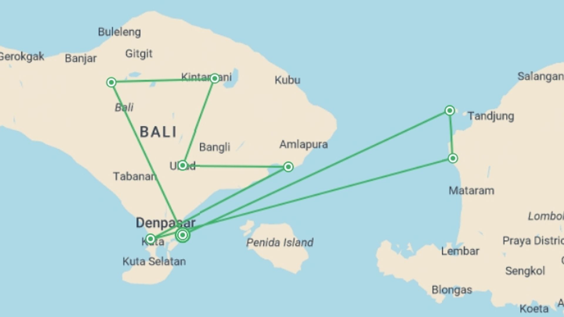 A map showing the tour itinerary for the trip: Classic Bali & Lombok, starting in Sanur, Indonesia and ending in Sanur, Indonesia going through 7 other destinations.