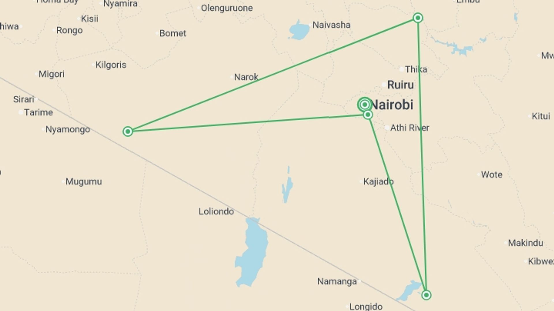 A map showing the tour itinerary for the trip: Kenya Adventure, starting in Nairobi, Kenya and ending in Nairobi, Kenya going through 3 other destinations.