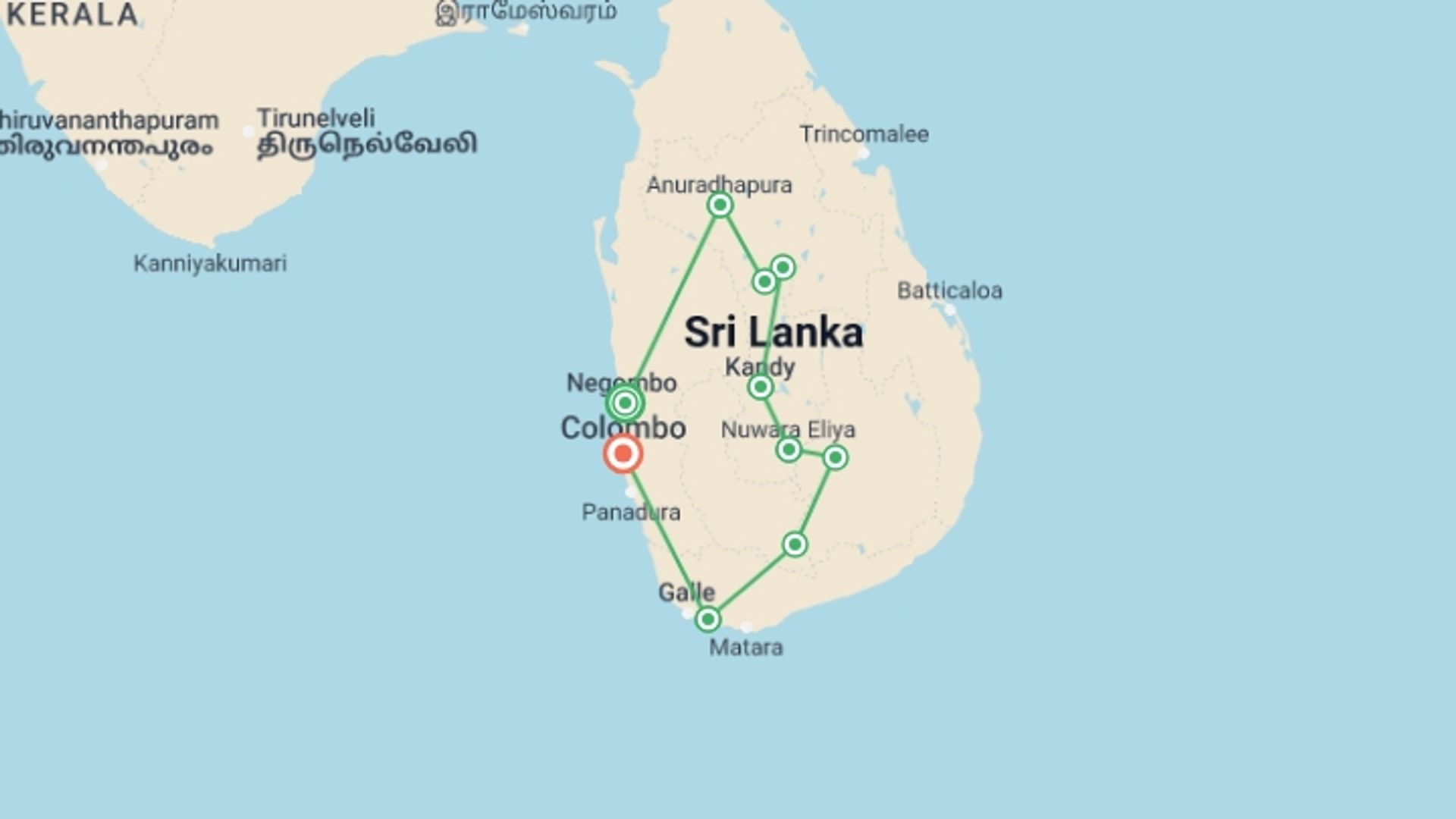 A map showing the tour itinerary for the trip: Sri Lanka in Depth, starting in Negombo, Sri Lanka and ending in Colombo, Sri Lanka going through 8 other destinations.