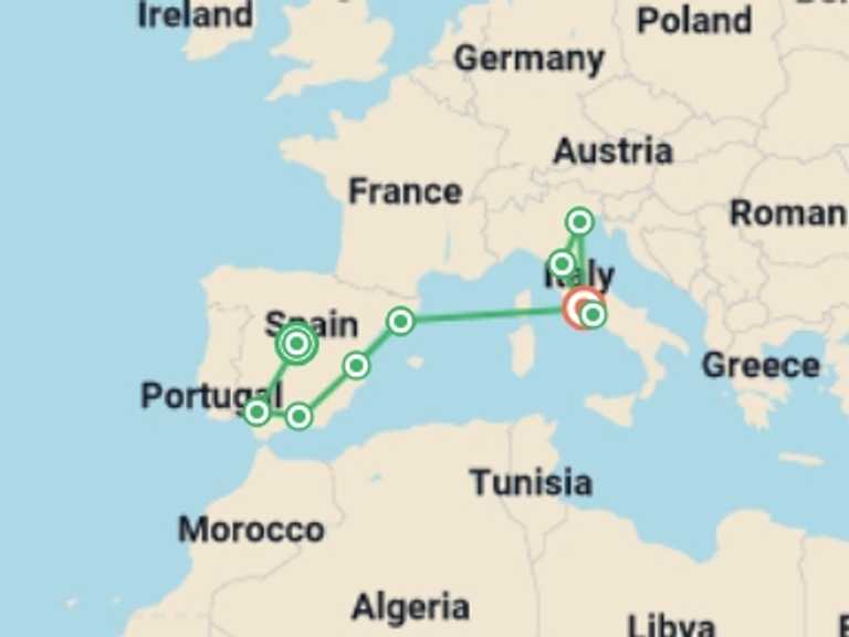 Map of 16-Day Madrid Tour with 9 destination visits for the trip: From Gaudi to Gelato: Spain and Italy