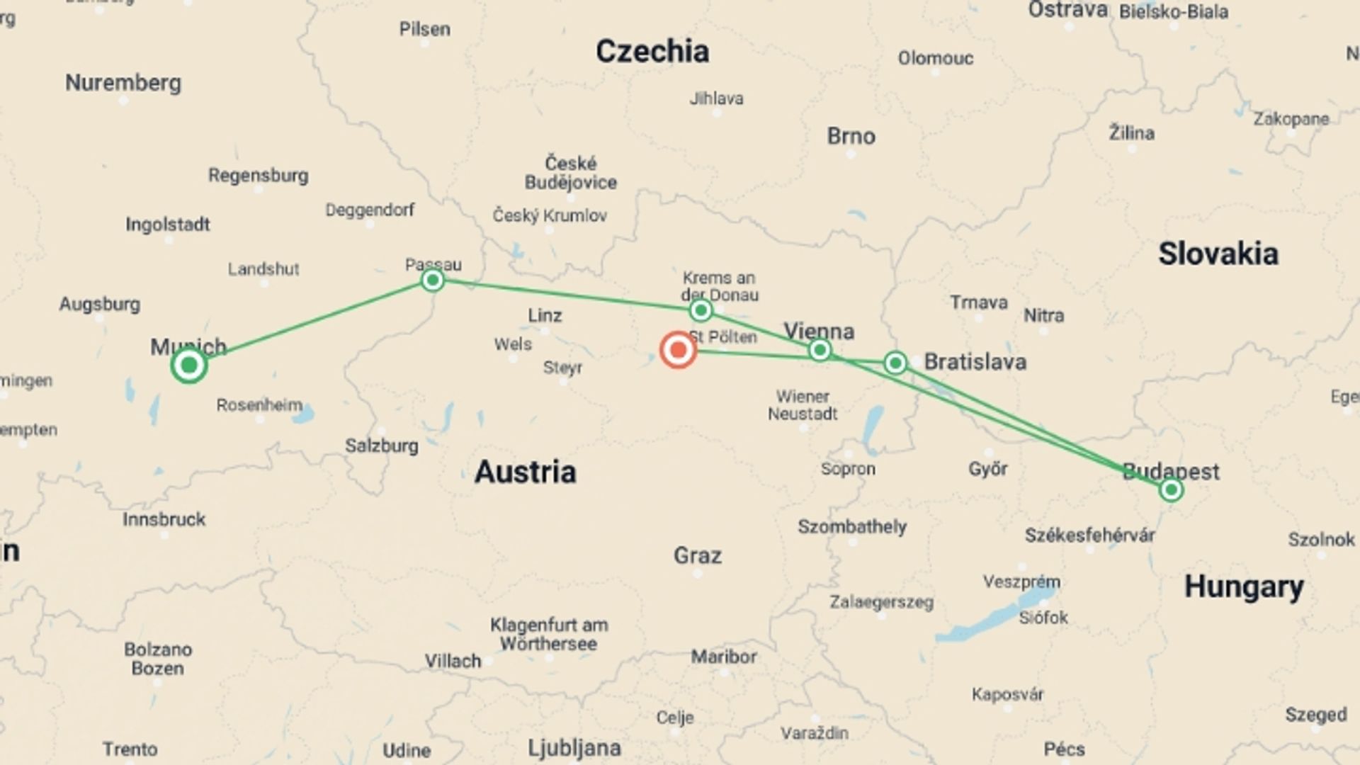 A map showing the tour itinerary for the trip: Amazing Danube, starting in Munich, Germany and ending in Melk, Austria going through 5 other destinations.