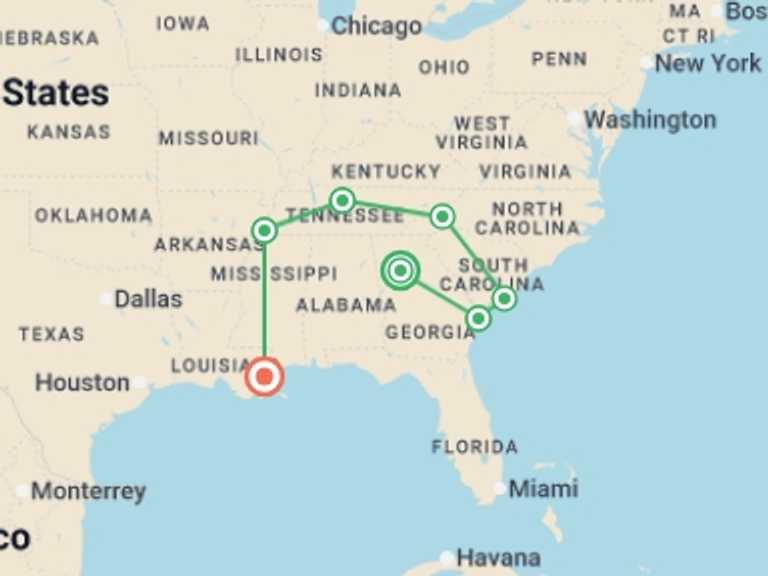 Map itinerary of USA Tour in December 2026 with 7 destination visits for the trip: Best of the South: Atlanta to New Orleans
