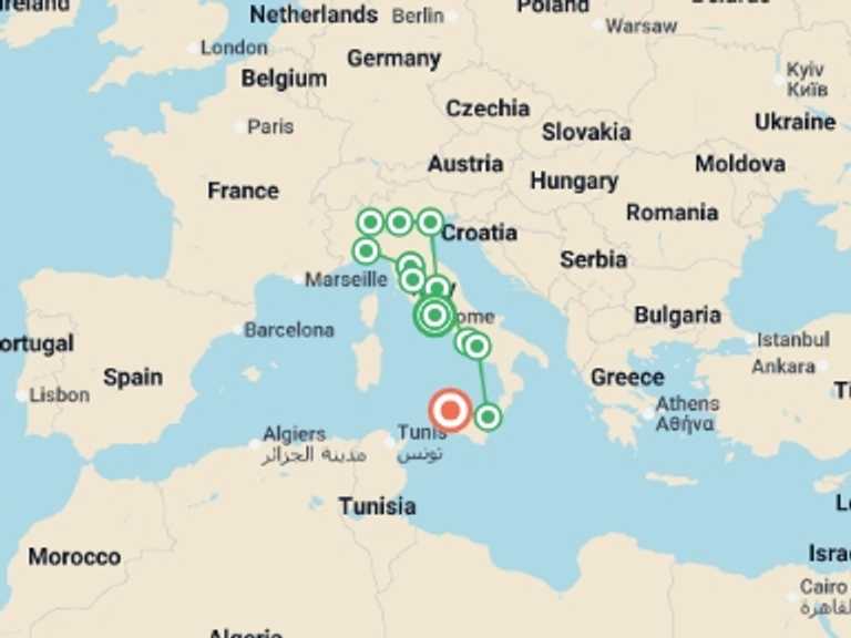 Map itinerary of Mediterranean Tour in Spring with 12 destination visits for the trip: Tutta Italia With Beautiful Campania and Sicily