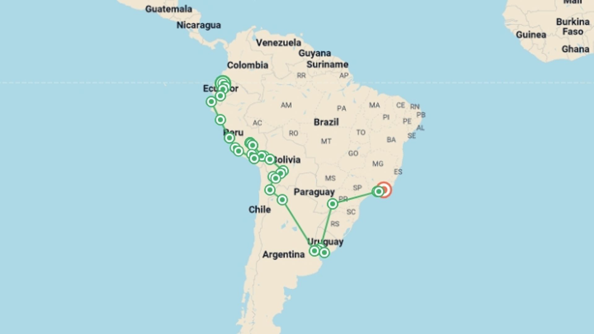 A map showing the tour itinerary for the trip: The Great South American Journey: Quito to Rio Adventure, starting in Quito, Ecuador and ending in Rio de Janeiro, Brazil going through 29 other destinations.
