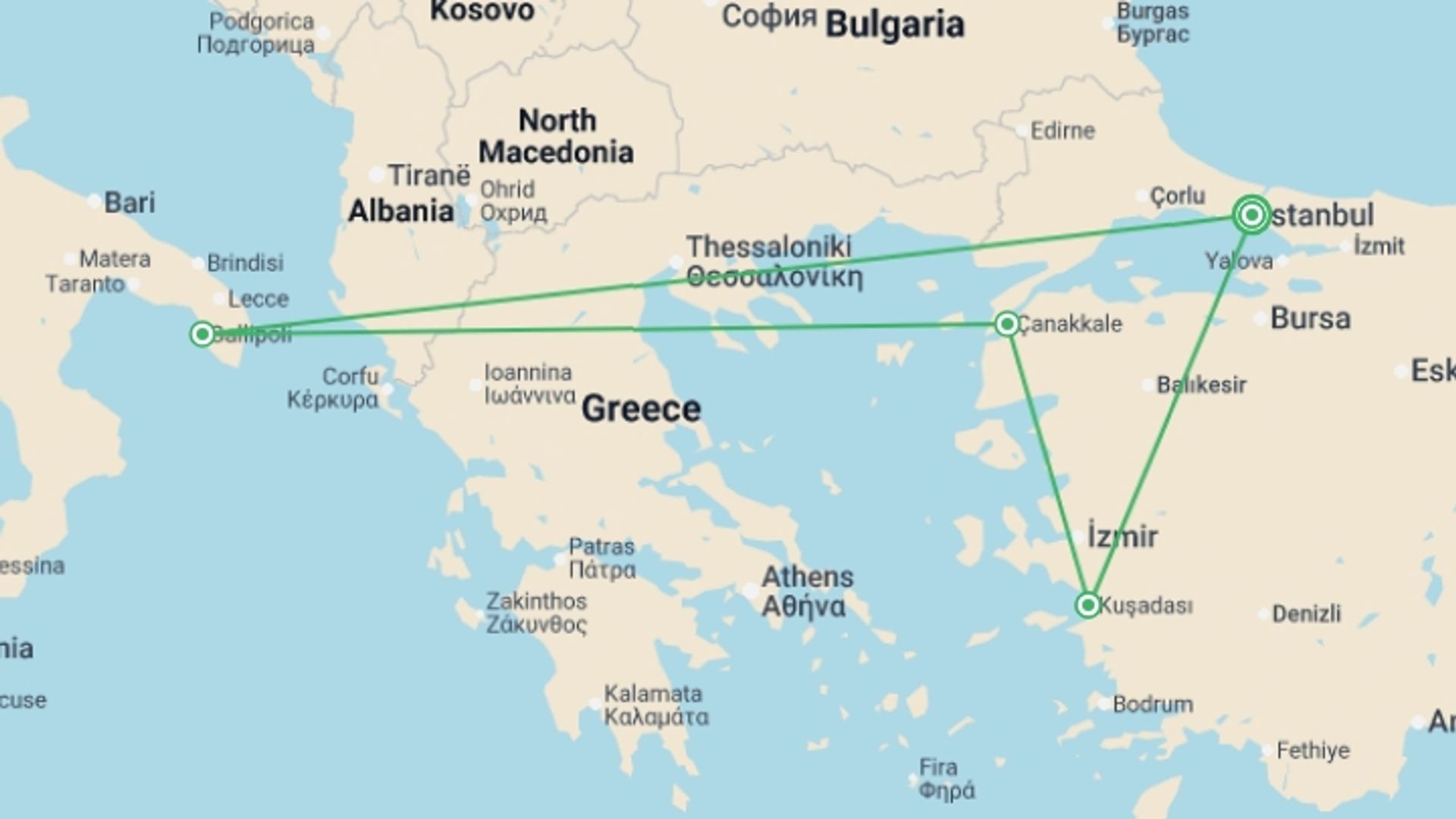 A map showing the tour itinerary for the trip: Western Turkey Explorer, starting in Istanbul, Turkey and ending in Istanbul, Turkey going through 2 other destinations.