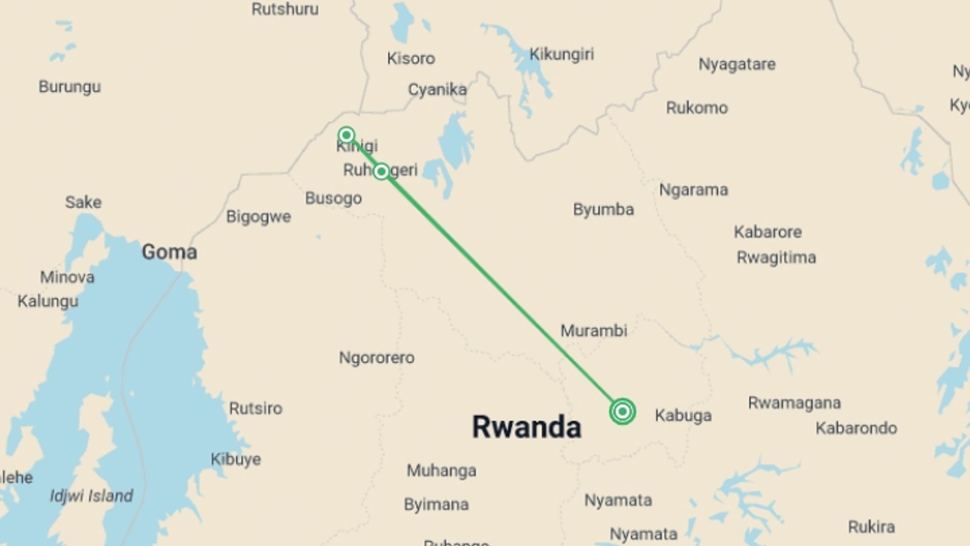 A map showing the tour itinerary for the trip: Gorillas Through The Mist, 4 Days - Bisate Lodge (on Request), starting in Ruhengeri, Rwanda and ending in Ruhengeri, Rwanda going through 1 other destinations.